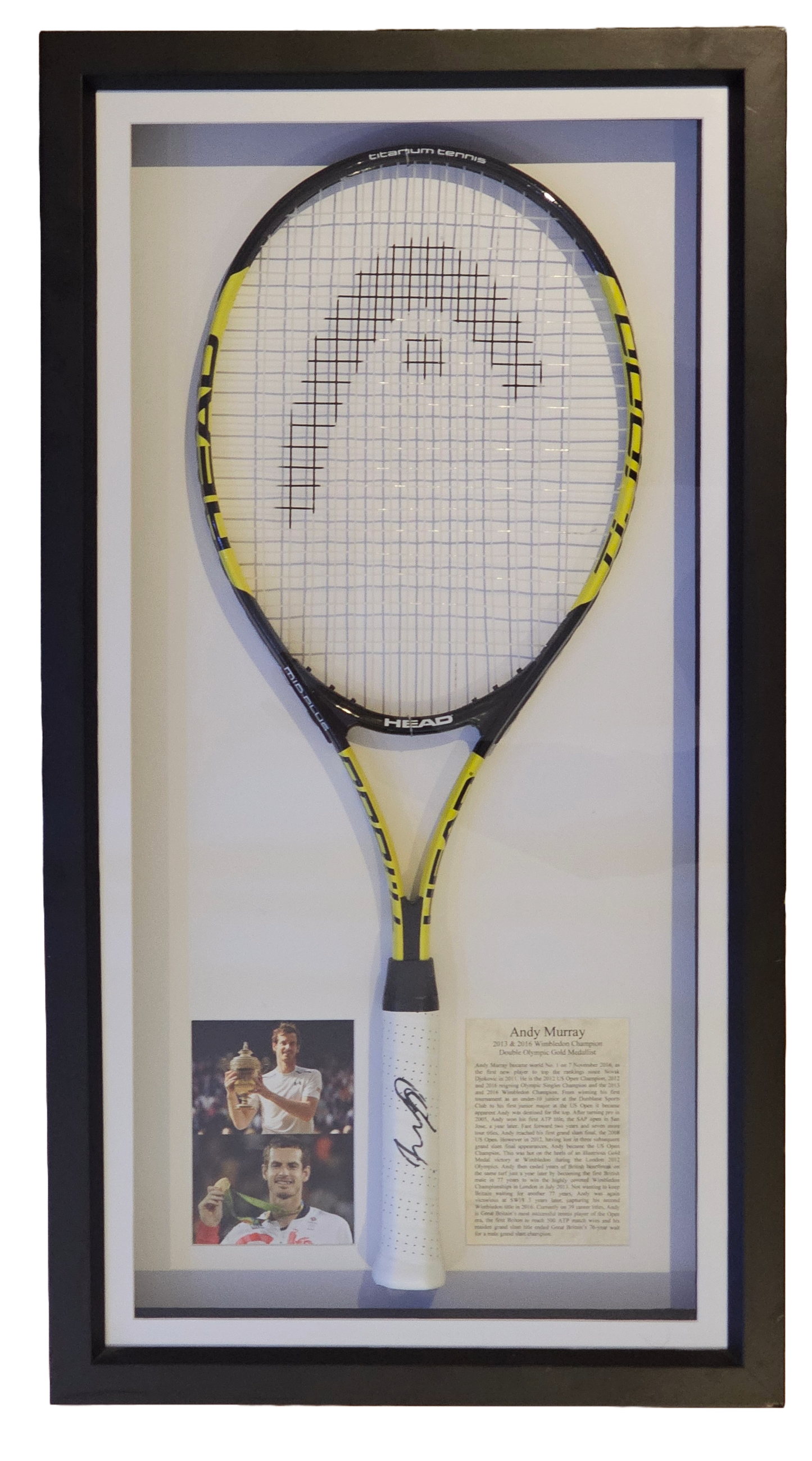 Framed Andy Murray signed tennis racket display - minor marks and knocks on frame