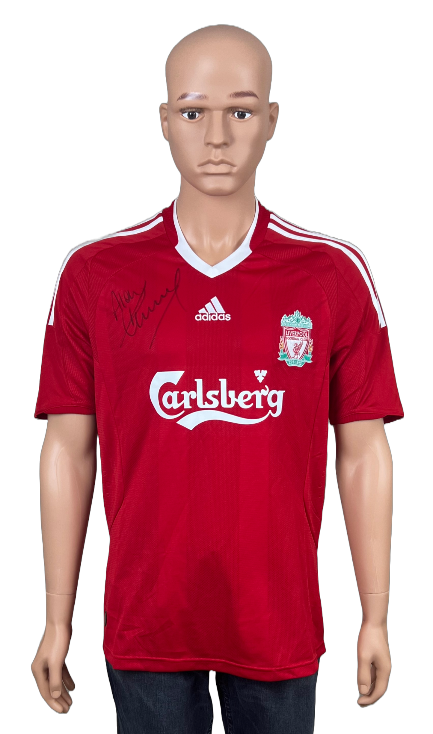 Full view of signed Liverpool 2008 Home Shirt by Alan Kennedy