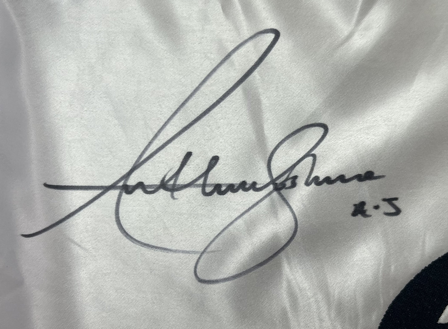 Close-up of Anthony Joshua’s autograph on boxing shorts - A1 Sporting and AMAA authenticated