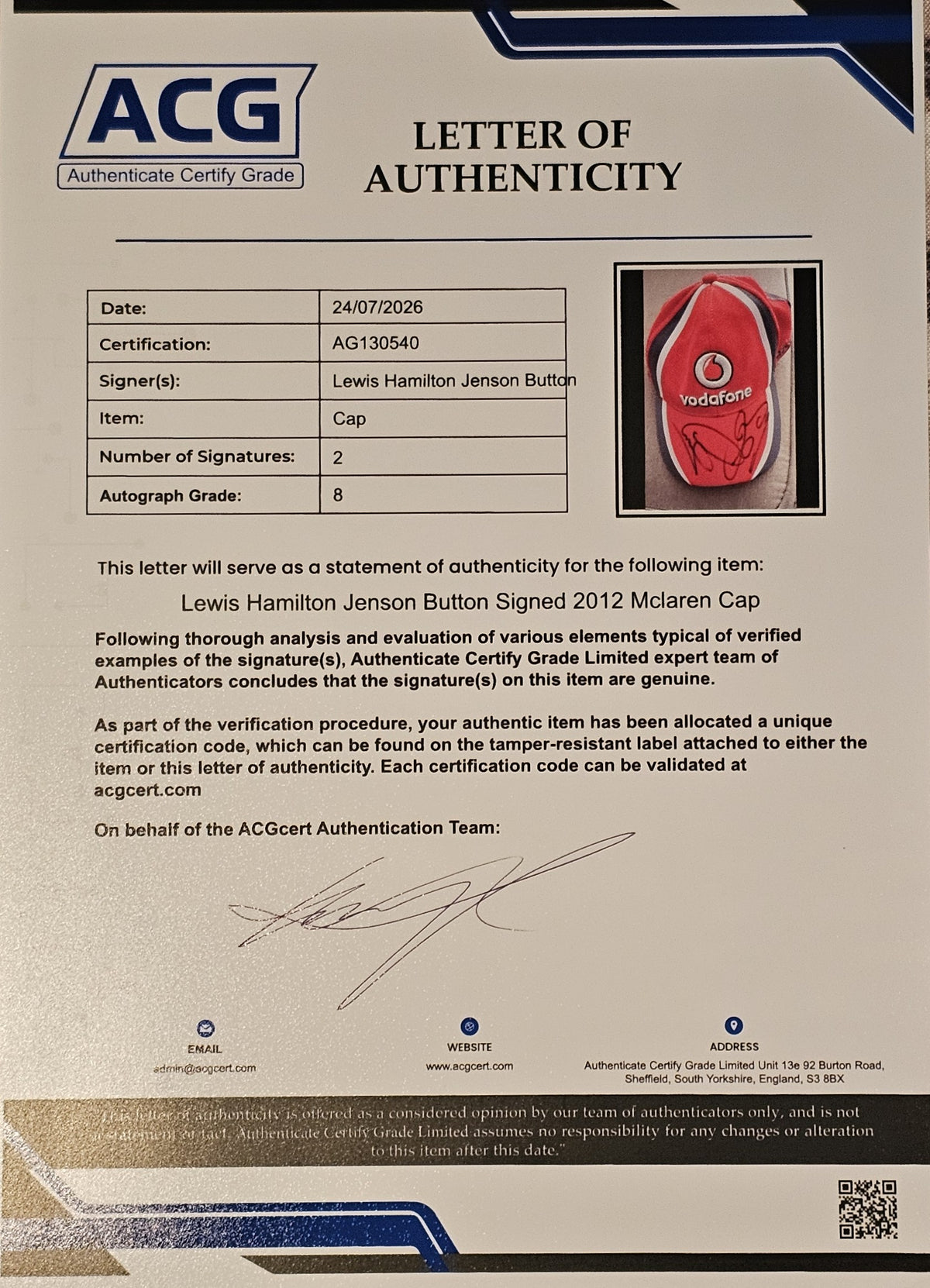 Lewis Hamilton & Jenson Button Signed Vodafone McLaren Mercedes F1 Cap – ACG Authenticated with LOA